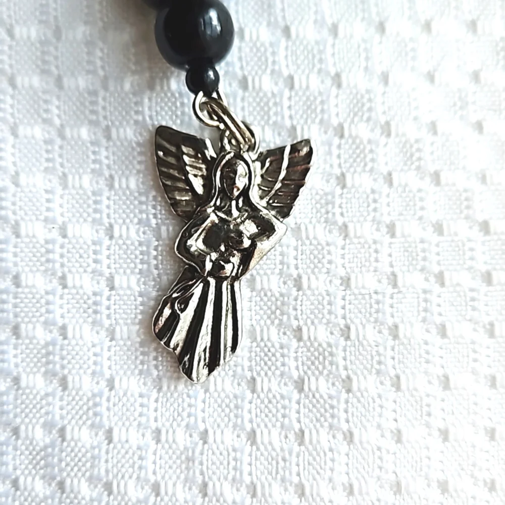 Hand Crafted Silver Angel Black Blue Beaded Keychain